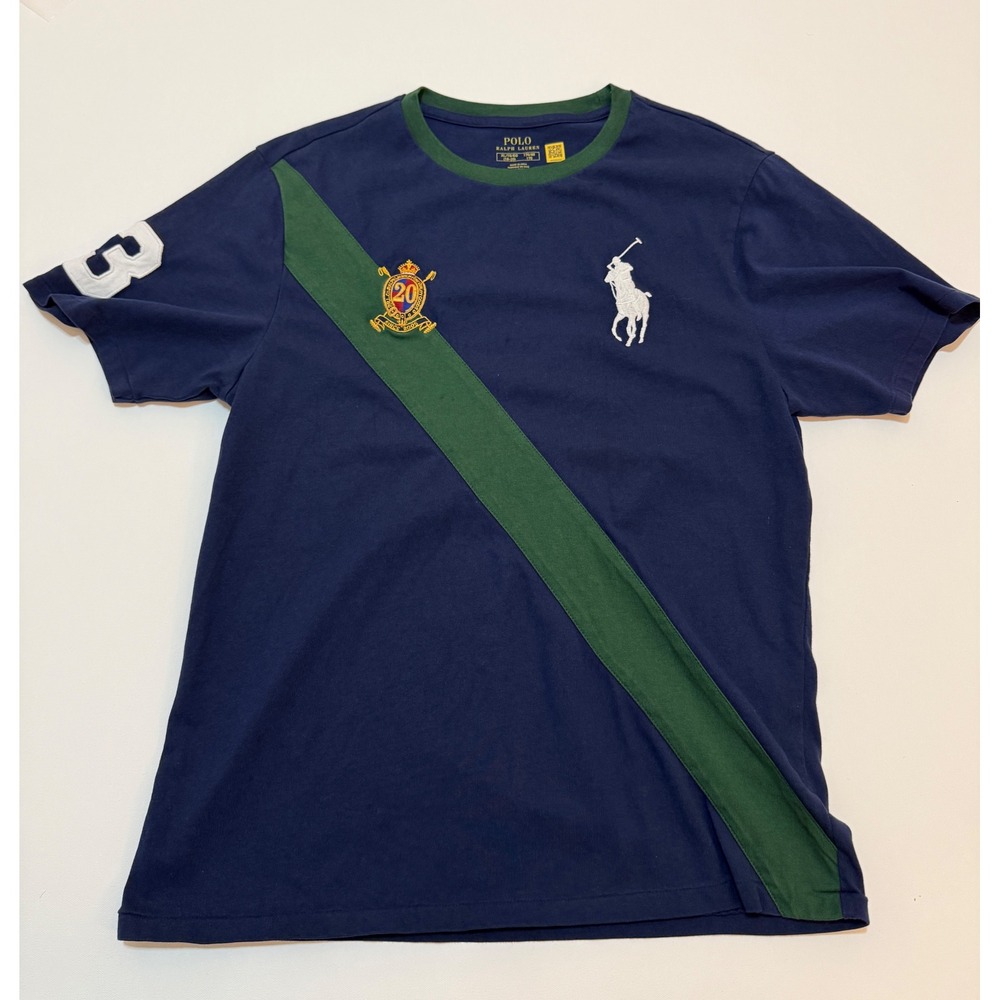Polo Ralph Lauren Boys Navy Blue Green Sash Big Pony Crest T-Shirt Size XL 18-20